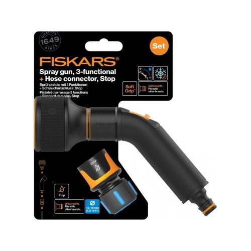 Fiskars Comfort spray gun, 3 functions + CF hose connector 13-15mm, STOP