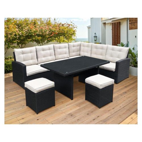 BOSCO black technorattan sofa set with high poufs