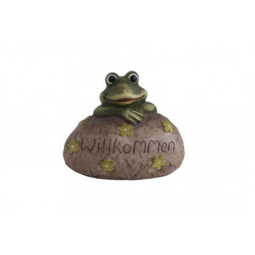 Frog figurine on stone with Willkommen inscription, ceramic, 15 cm