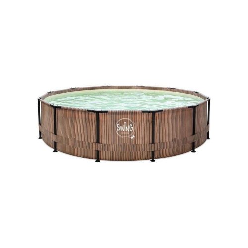Swing metal frame pool 3.05*91 cm with teak wicker effect black skimmer