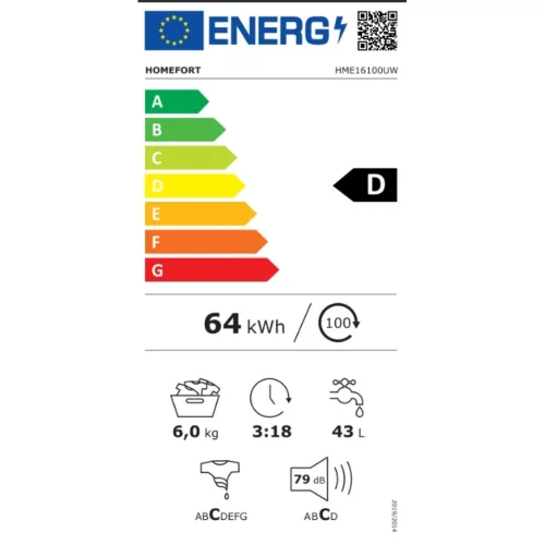  Energy class D, 6 kg,Narrow depth, 1000 rpm, Spinning noise level: 79 dB