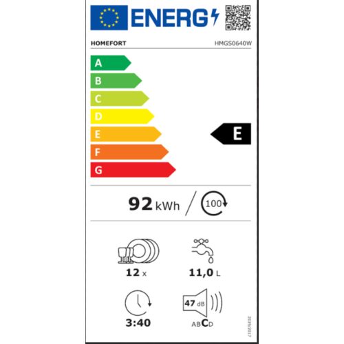 12 place settings, 11 L consumption, 7 programs, 47 dB noise level, E energy class, Lower cutlery basket, 60 cm, Digital display, white