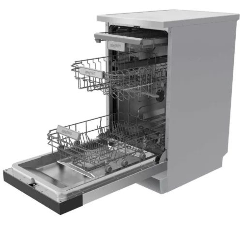 10 place settings, 8 L consumption, 7 programs, 47 dB noise level, E energy class, Upper cutlery tray, 45 cm, Digital display, silver