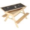 Garden table with a chalkboard top and two benches for children