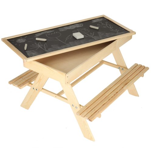 Garden table with a chalkboard top and two benches for children