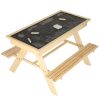 Garden table with a chalkboard top and two benches for children