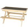 Garden table with a chalkboard top and two benches for children