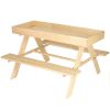 Garden table with a chalkboard top and two benches for children