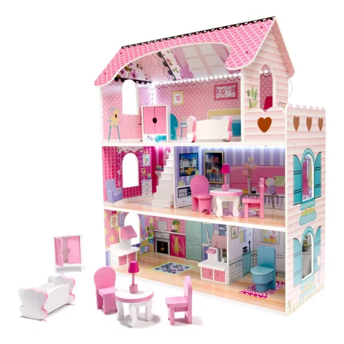 MDF wooden dollhouse + furniture 70cm pink LED