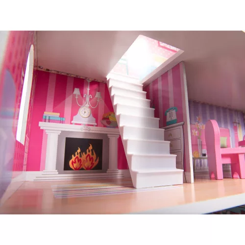 MDF wooden dollhouse + furniture 70cm pink LED