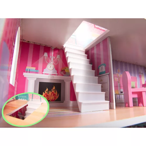 MDF wooden dollhouse + furniture 70cm pink LED