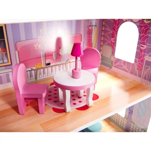 MDF wooden dollhouse + furniture 70cm pink LED