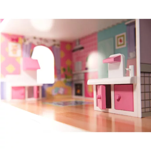 MDF wooden dollhouse + furniture 70cm pink LED