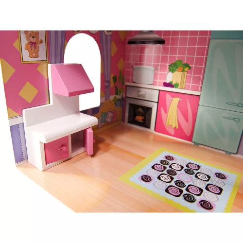 MDF wooden dollhouse + furniture 70cm pink LED