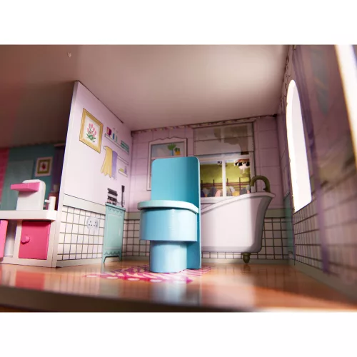 MDF wooden dollhouse + furniture 70cm pink LED