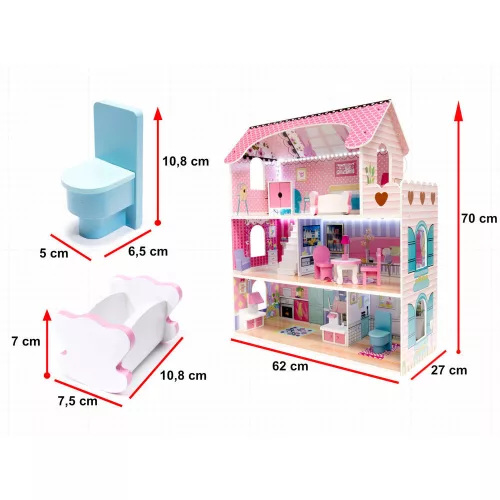 MDF wooden dollhouse + furniture 70cm pink LED