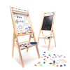 Wooden flippable educational board with a chalkboard, whiteboard, abacusand accessories