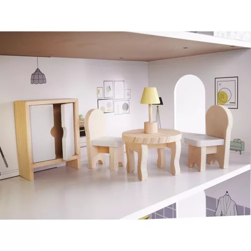 Wooden dollhouse + furniture 70cm gray