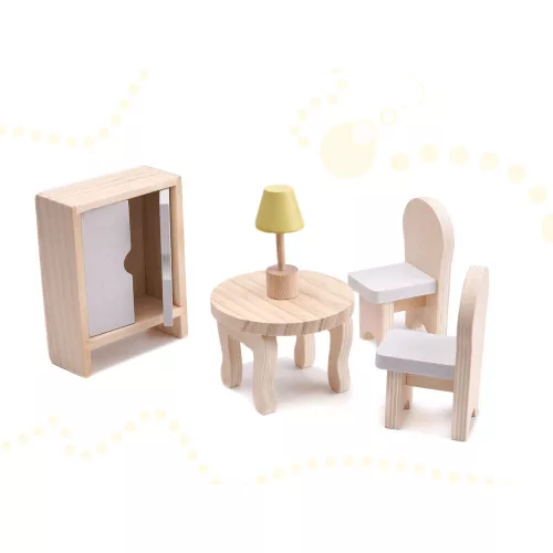 Wooden dollhouse + furniture 70cm gray