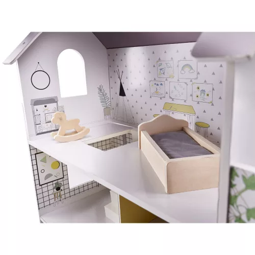 Wooden dollhouse + furniture 70cm gray