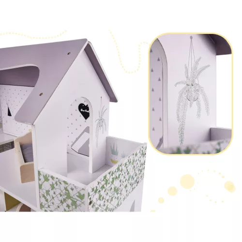 Wooden dollhouse + furniture 70cm gray