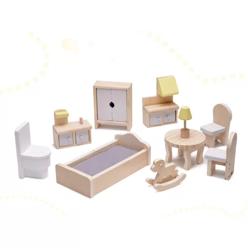 Wooden dollhouse + furniture 70cm gray
