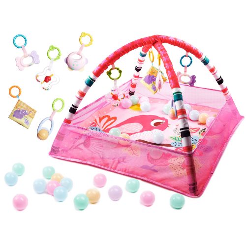 Foldable playmat with balls and rattles for babies, pink