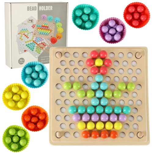 77 darabos, oktató jellegű Montessori gyöngygolyó mozaik kirakó.