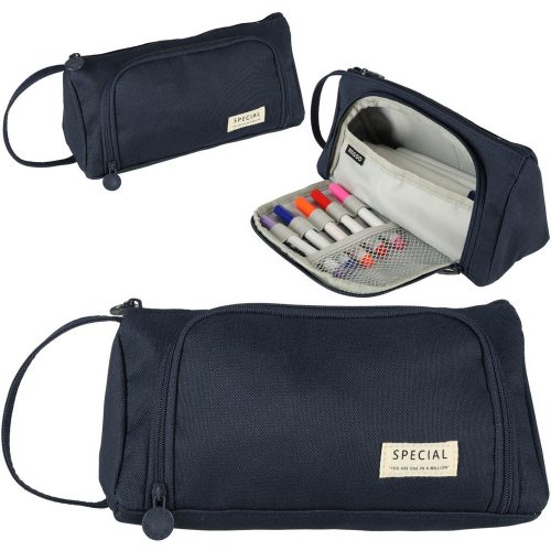 Two-compartment school pencil case expandable 3in1 navy blue