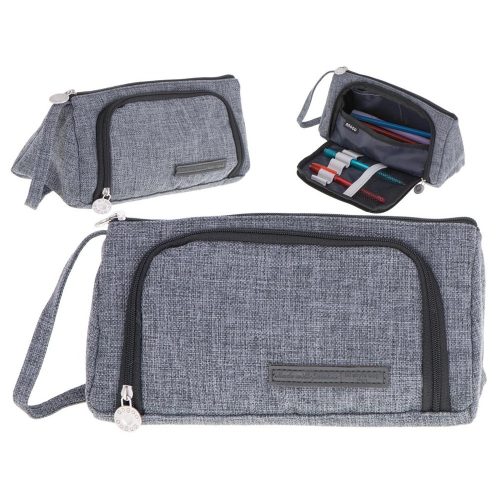 Two-compartment school pencil case expandable 3in1 grey
