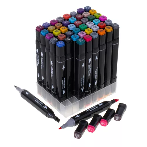 Double-sided alcohol felt-tip pens in a case of 48 + stand