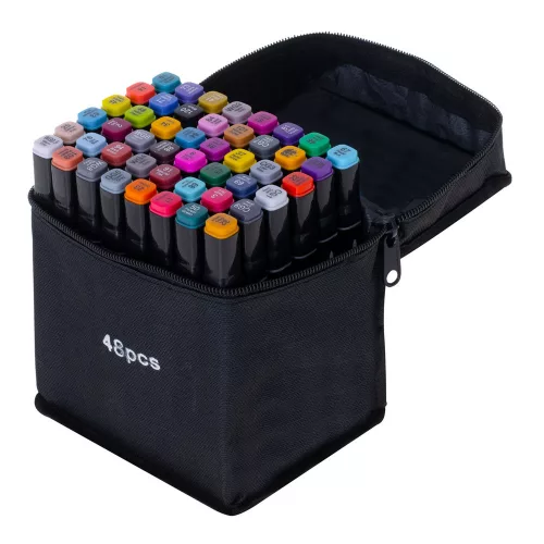 Double-sided alcohol felt-tip pens in a case of 48 + stand