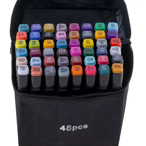 Double-sided alcohol felt-tip pens in a case of 48 + stand