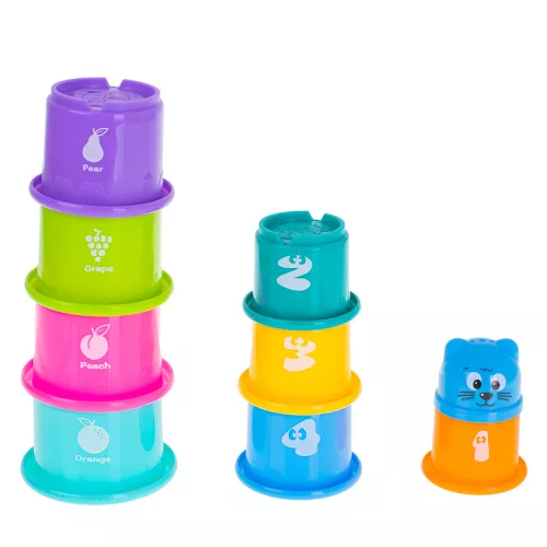 Educational cups tower pyramid with numbers and fruits