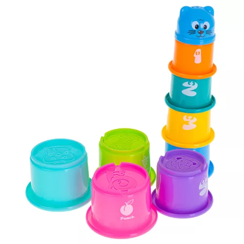 Educational cups tower pyramid with numbers and fruits