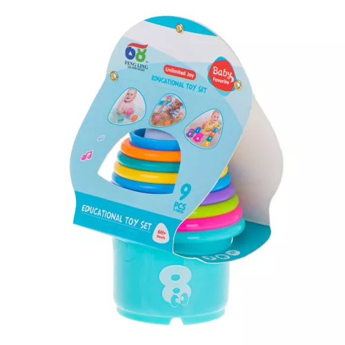 Educational cups tower pyramid with numbers and fruits