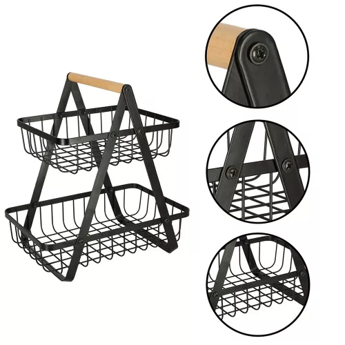 Two-tier fruit basket metal wood