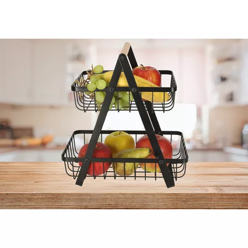 Two-tier fruit basket metal wood
