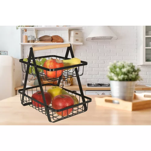 Two-tier fruit basket metal wood