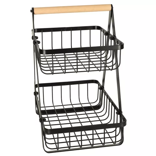 Two-tier fruit basket metal wood