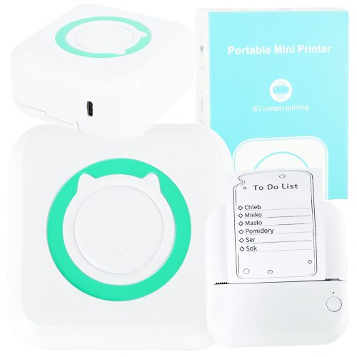 Mini hőnyomtató fotócímkével + USB kábel, négyzet alakú, kék