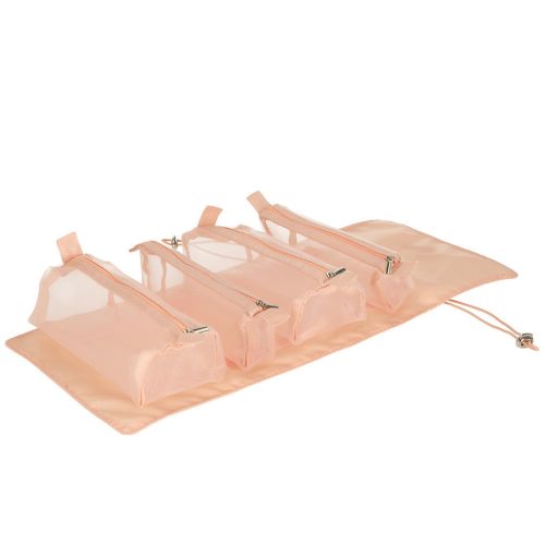 Foldable Travel Cosmetic Bag Detachable Roll-up 4in1 Large Capacity Portable Pink