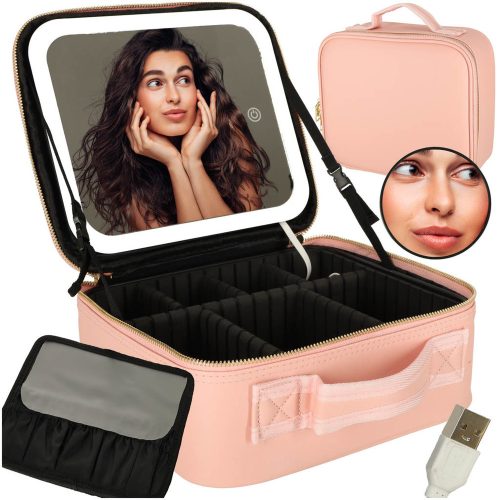 Cosmetic organizer with mirror pink