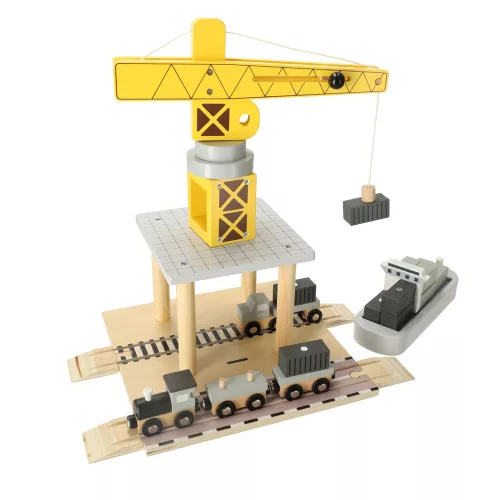 Magnetic Wooden crane seaport + car ship