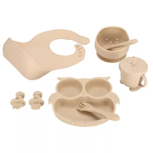 Children's silicone cutlery owl beige 9 pieces