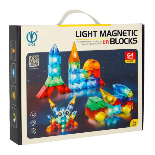 3D Construction Magnetic Bricks LED Light 64 Pieces
