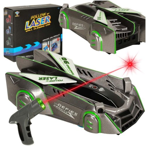 RC laser-controlled car driving on a wall with laser grey