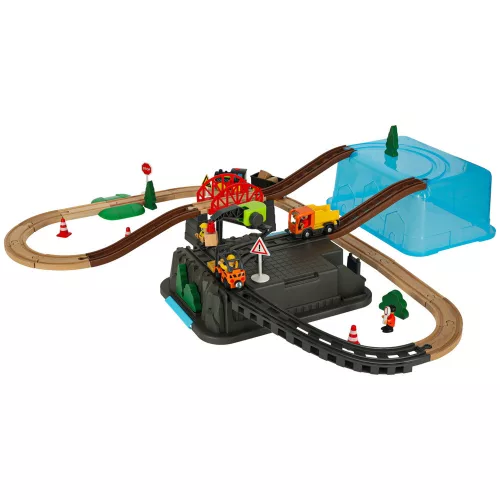 Wooden railway building game with construction site accessories 55pcs