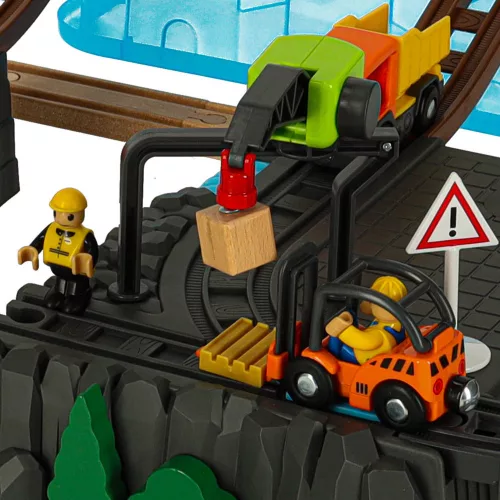 Wooden railway building game with construction site accessories 55pcs