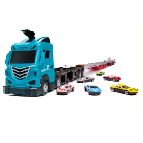 Foldable car transport truck/track with 8 race cars, 210 cm